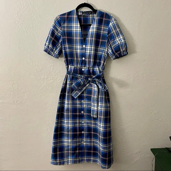 Zara blue tartan plaid puff sleeve midi dress size small - Picture 3 of 7
